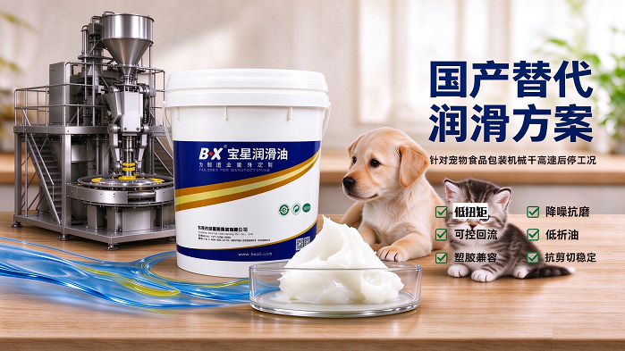 宠物粮包装机凸轮轴承渗油异响难解决？宝星这款食品级齿轮脂破解产线润滑痛点